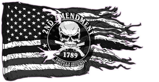 American Ripped Flag decal with 2nd Amendment skull and crossed rifles design