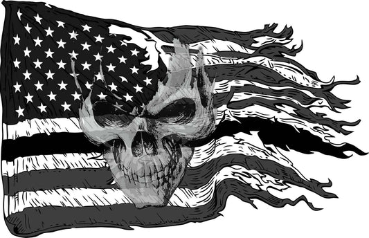 American Ripped Flag black and white decal with skull design