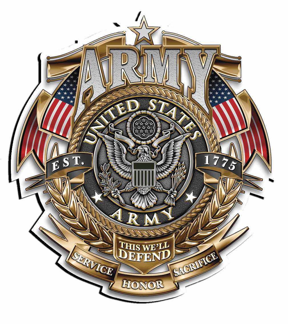 United States Army decal with eagle emblem, American flags, and text honoring service, honor, and sacrifice.