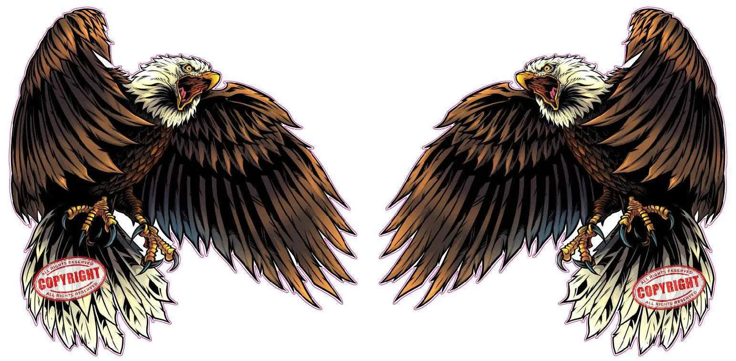 Pair of screaming bald eagle decals with outstretched wings and open beaks, detailed brown feathers and white heads