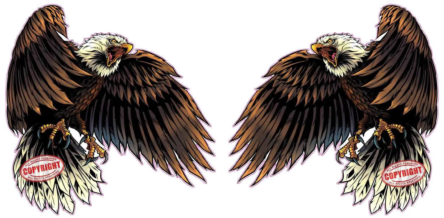 Pair of screaming bald eagle decals with outstretched wings and open beaks, detailed brown feathers and white heads