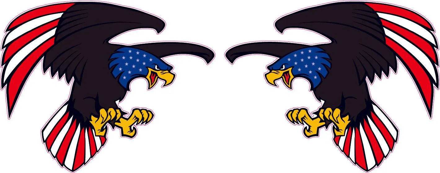 Pair of American flag cartoon eagle decals with stars and stripes design