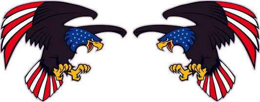 Pair of American flag cartoon eagle decals with stars and stripes design