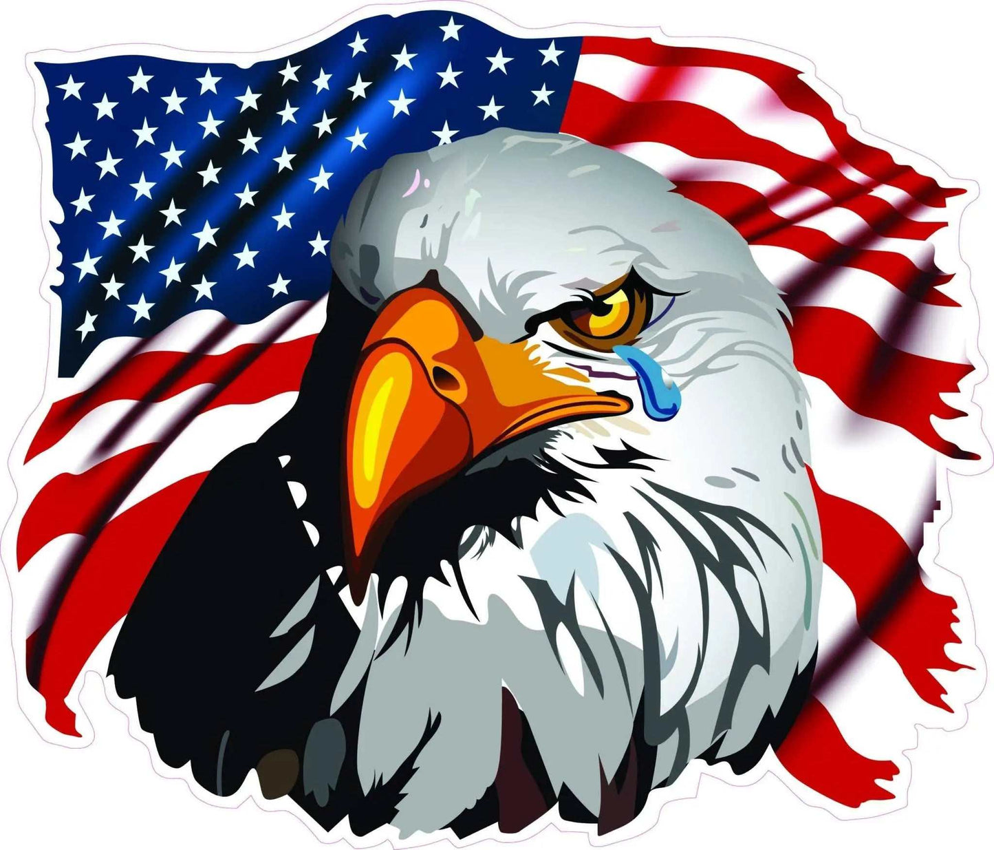 Crying Eagle American Flag Decal with a tear on eagle's face and waving US flag background