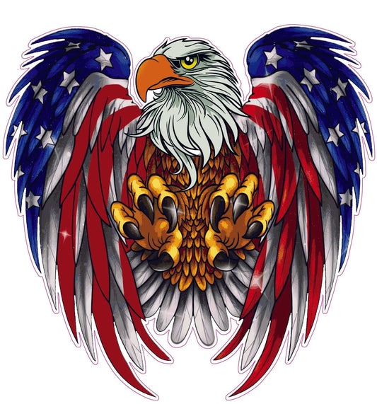 Defending American bald eagle decal with patriotic flag wings design.