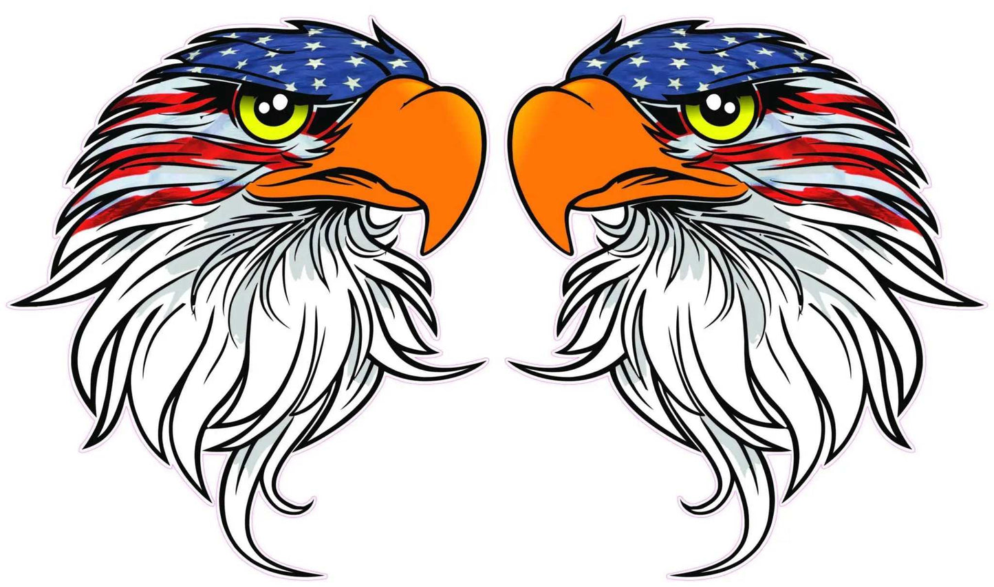 Pair of eagle head American flag decals with stars and stripes design