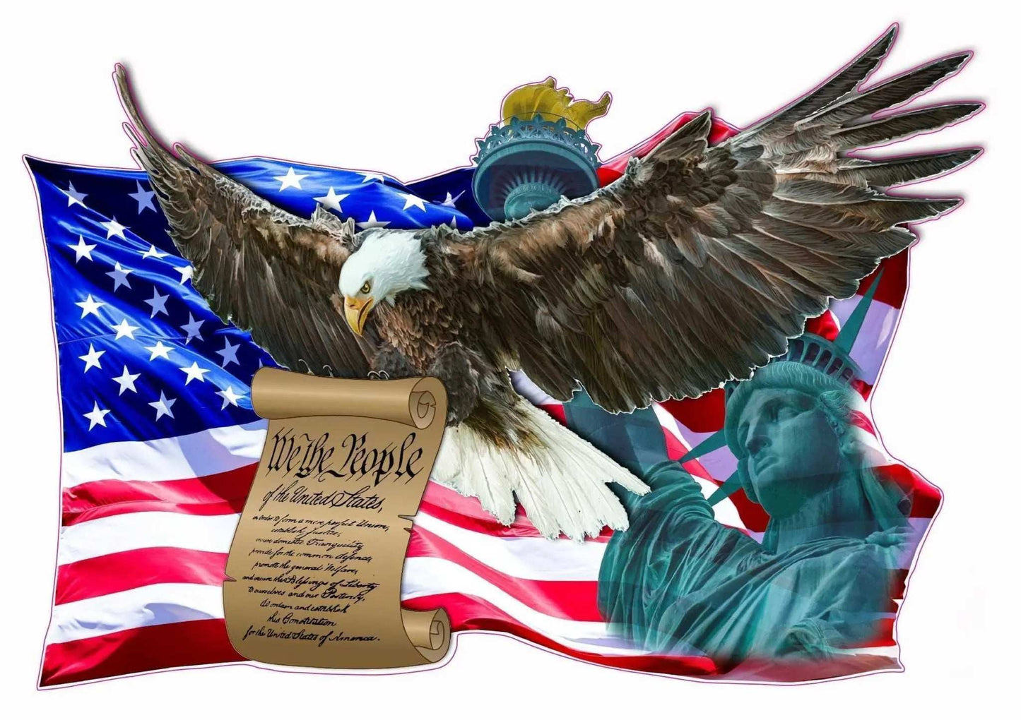 American Flag Eagle decal with Statue of Liberty and We the People scroll on American flag background