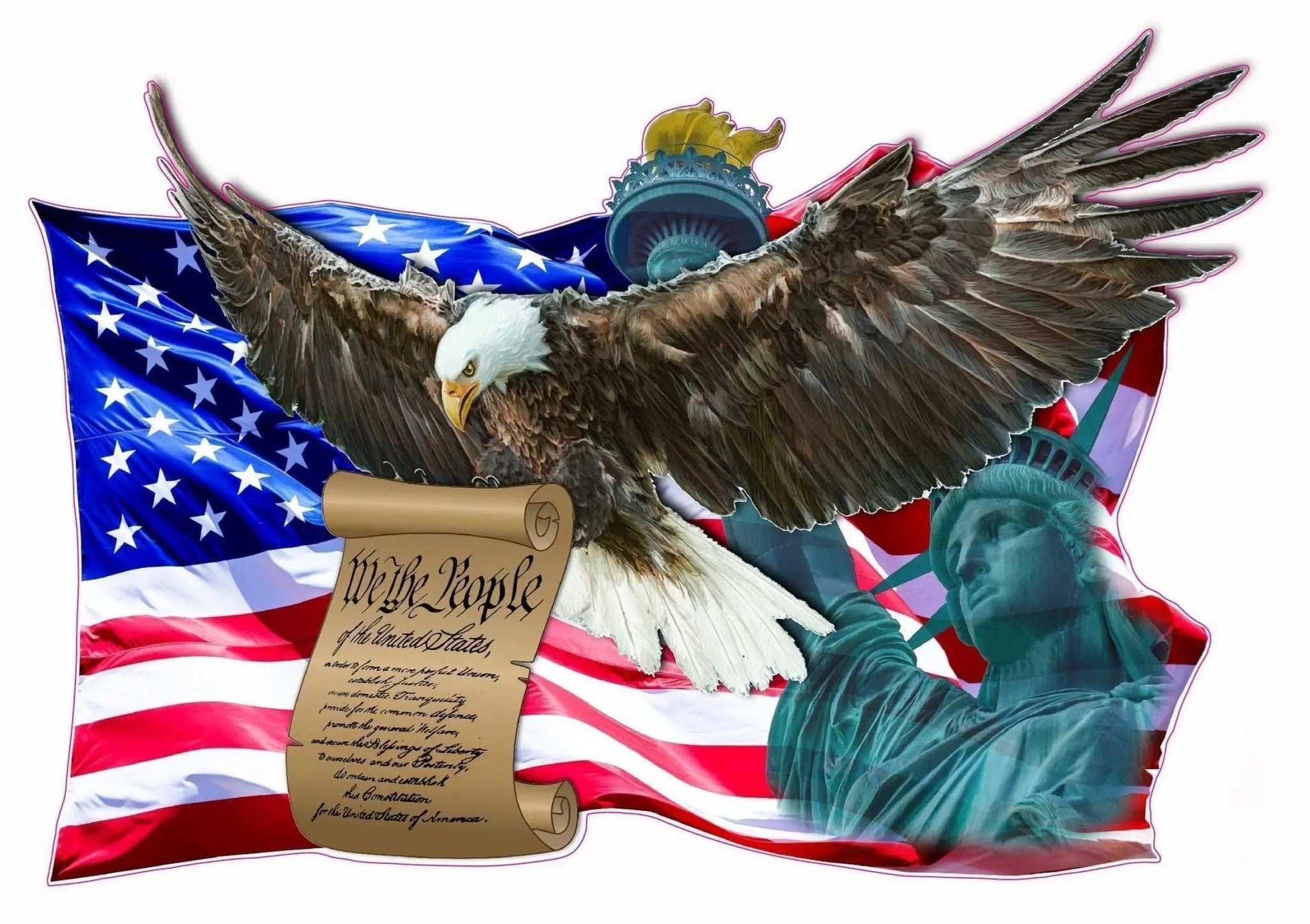 American Flag Eagle decal with Statue of Liberty and We the People scroll on American flag background
