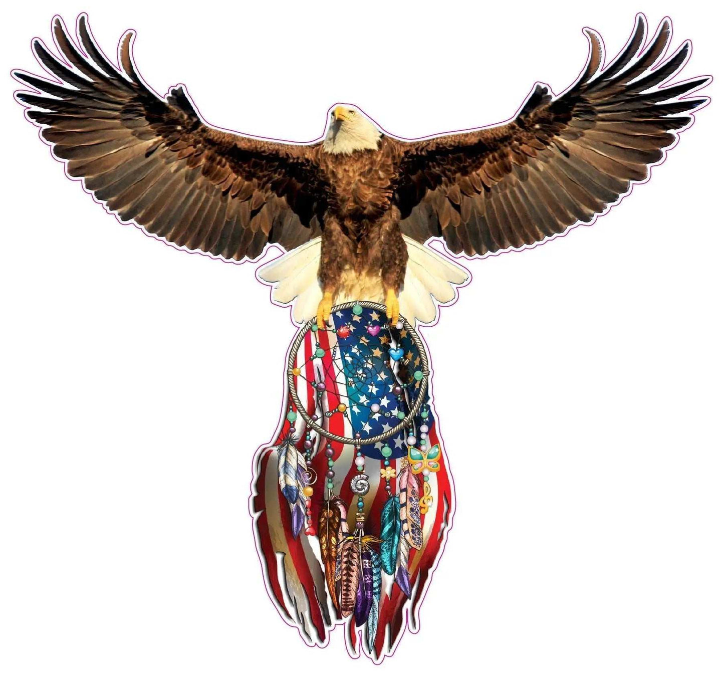 Eagle Dream Catcher decal with American flag and bald eagle wings spread wide