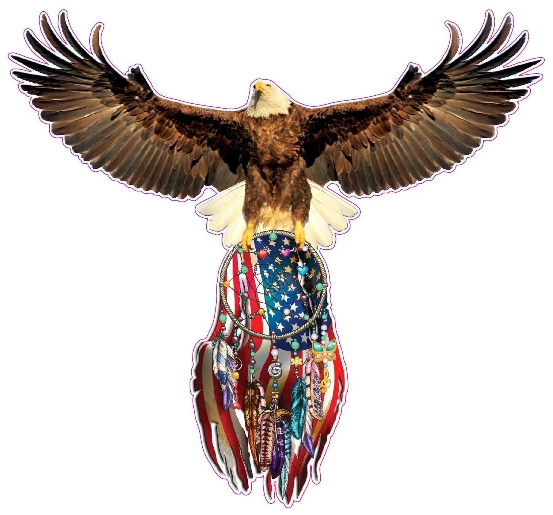Eagle Dream Catcher decal with American flag and bald eagle wings spread wide