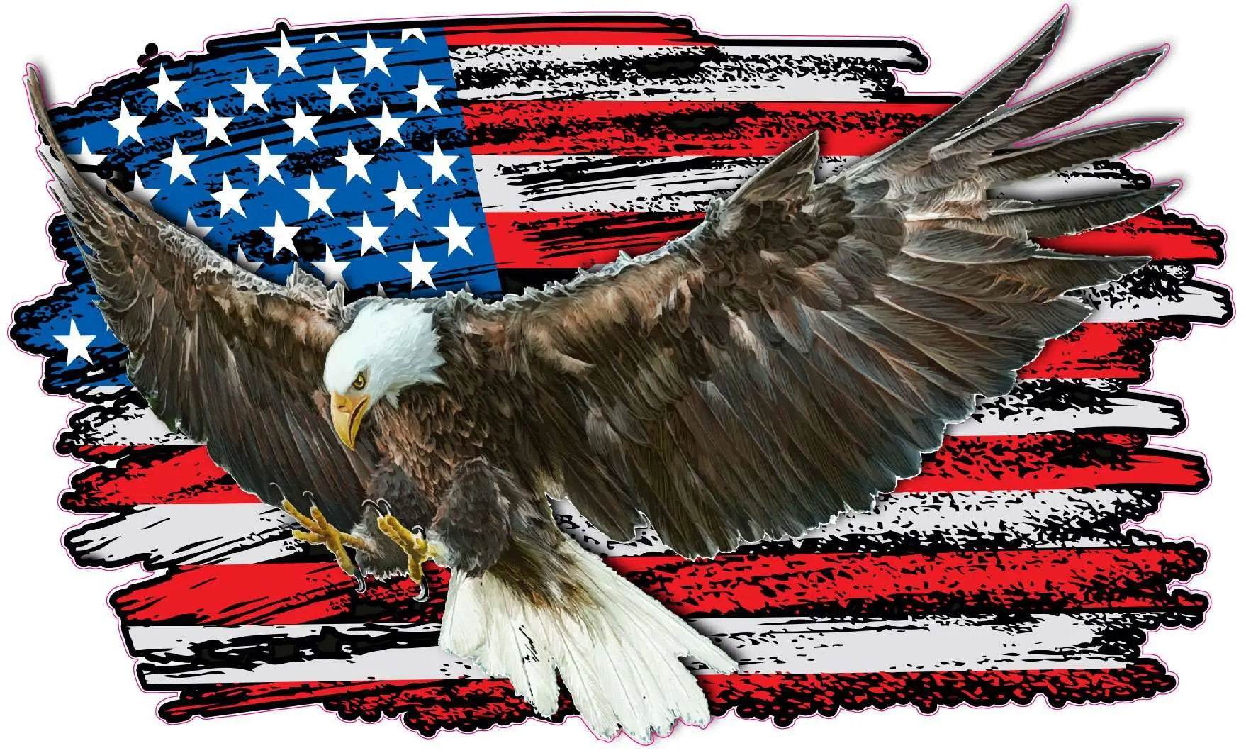 American flag eagle decal with a bald eagle flying over a distressed stars and stripes background