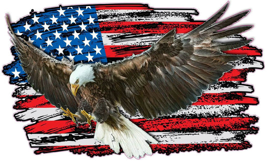 American flag eagle decal with a bald eagle flying over a distressed stars and stripes background
