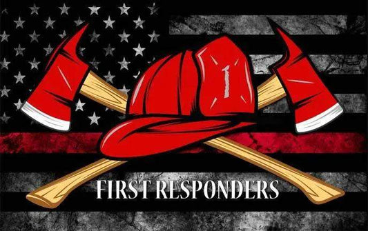 First Responders American Flag with firefighter helmet and crossed axes decal on black and red striped background