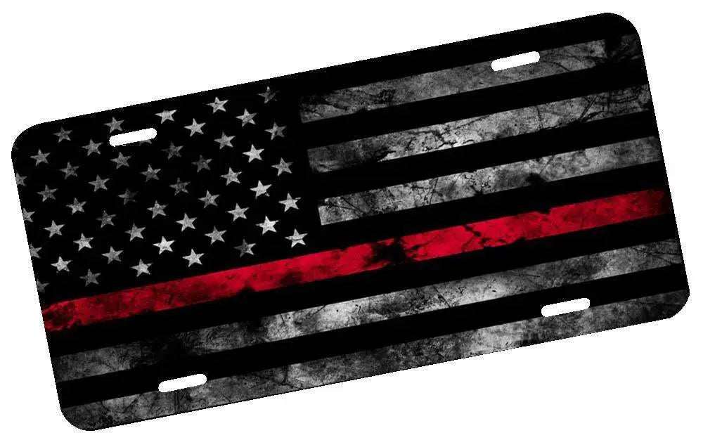 First Responders subdued American flag license plate with a red line, made of durable aluminum.