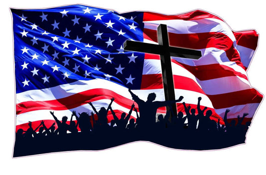 God Bless United States of America decal with American flag, cross, and cheering crowd silhouette