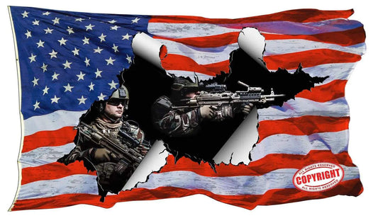 Patriotic waving American flag decal with soldiers visible through torn flag design