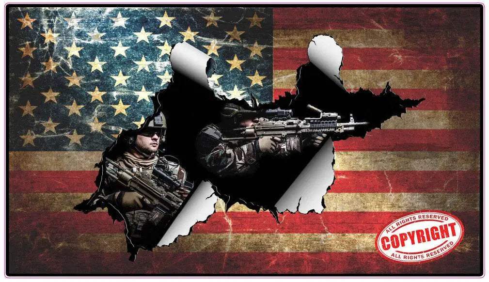 Patriotic worn American flag decal with soldiers and tactical gear on distressed flag background
