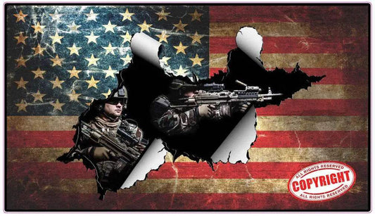 Patriotic worn American flag decal with soldiers and tactical gear on distressed flag background
