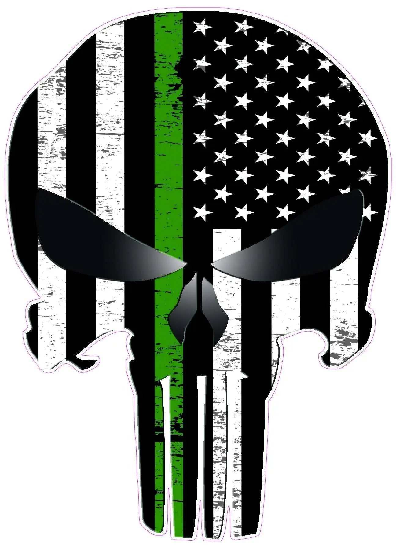 Skull decal with thin green military line and black-and-white American flag design
