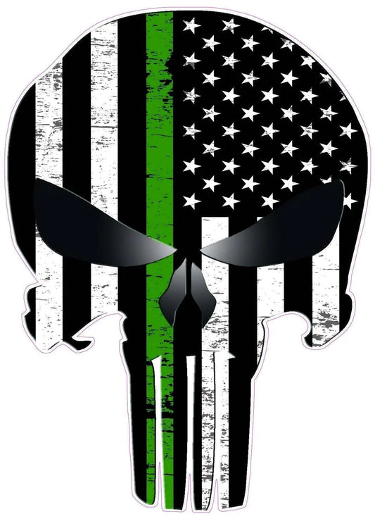 Skull decal with thin green military line and black-and-white American flag design
