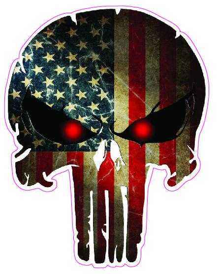 Skull-shaped American Flag decal with red glowing eyes and white outline for patriotic display