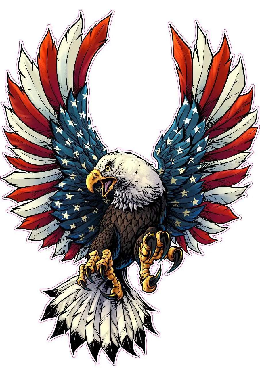 Screaming American bald eagle decal with wings featuring American flag design