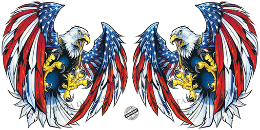 Pair of screaming bald eagle decals with American flag wings in red, white, and blue colors