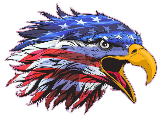 Screaming American Flag Eagle Decal with vibrant red, white, and blue colors and a bold open beak design.