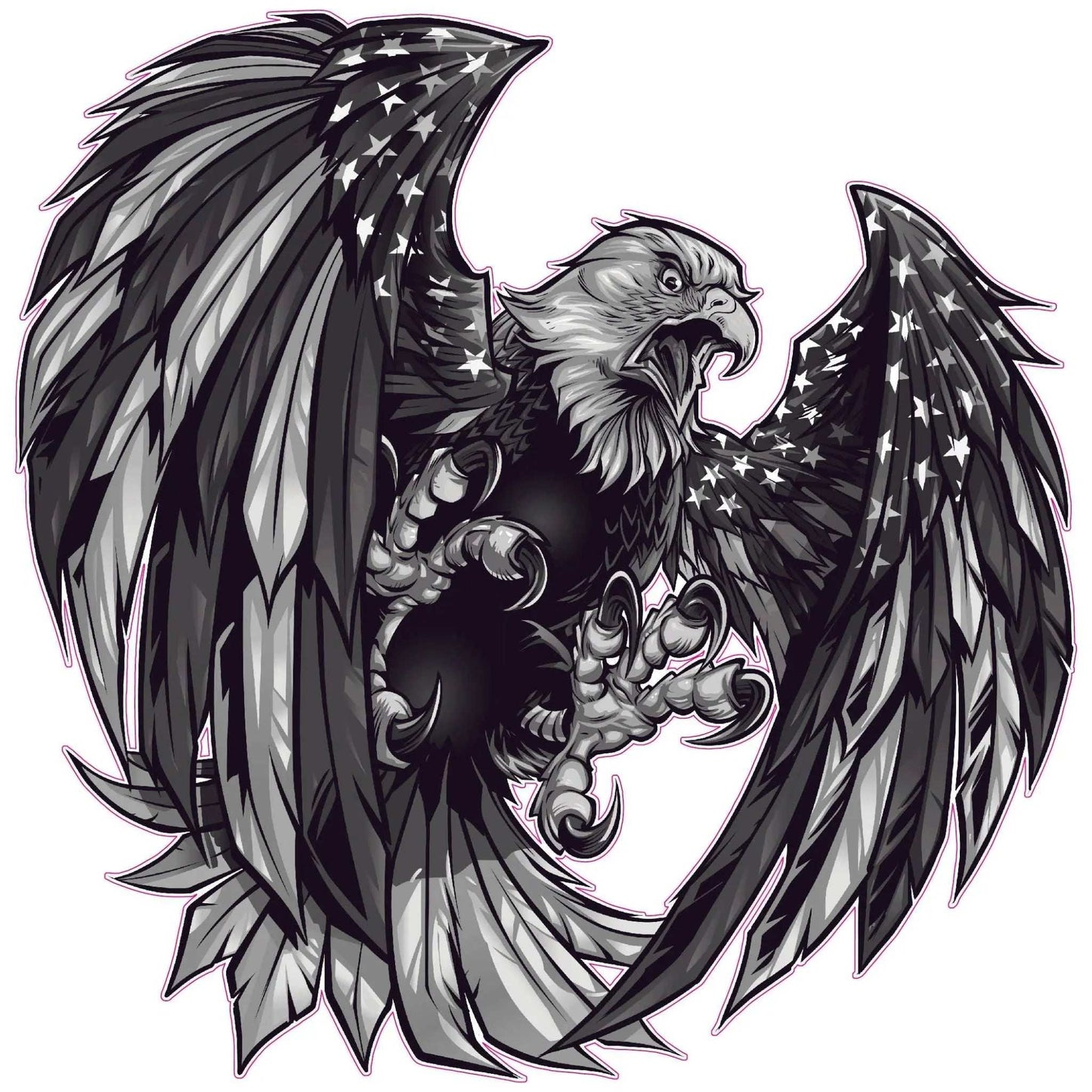 Black and white screaming bald eagle decal with American flag wings