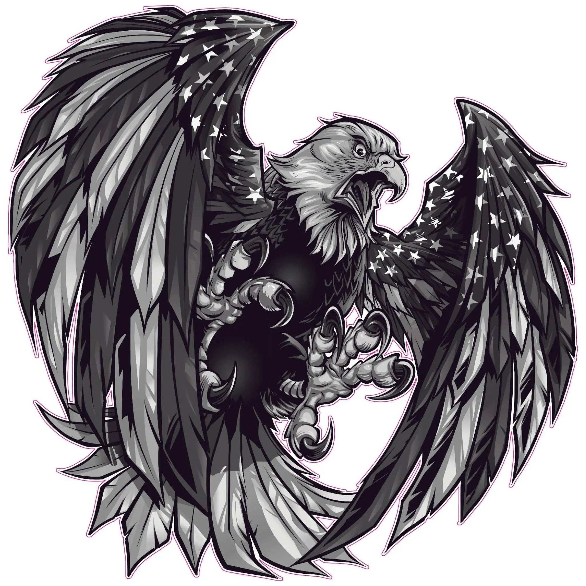 Black and white screaming bald eagle decal with American flag wings
