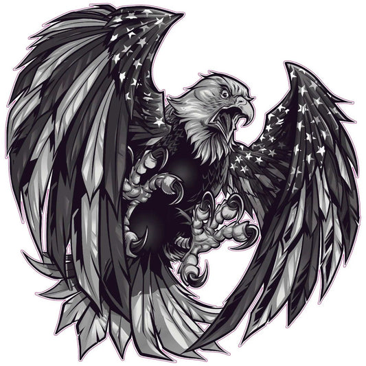 Black and white screaming bald eagle decal with American flag wings