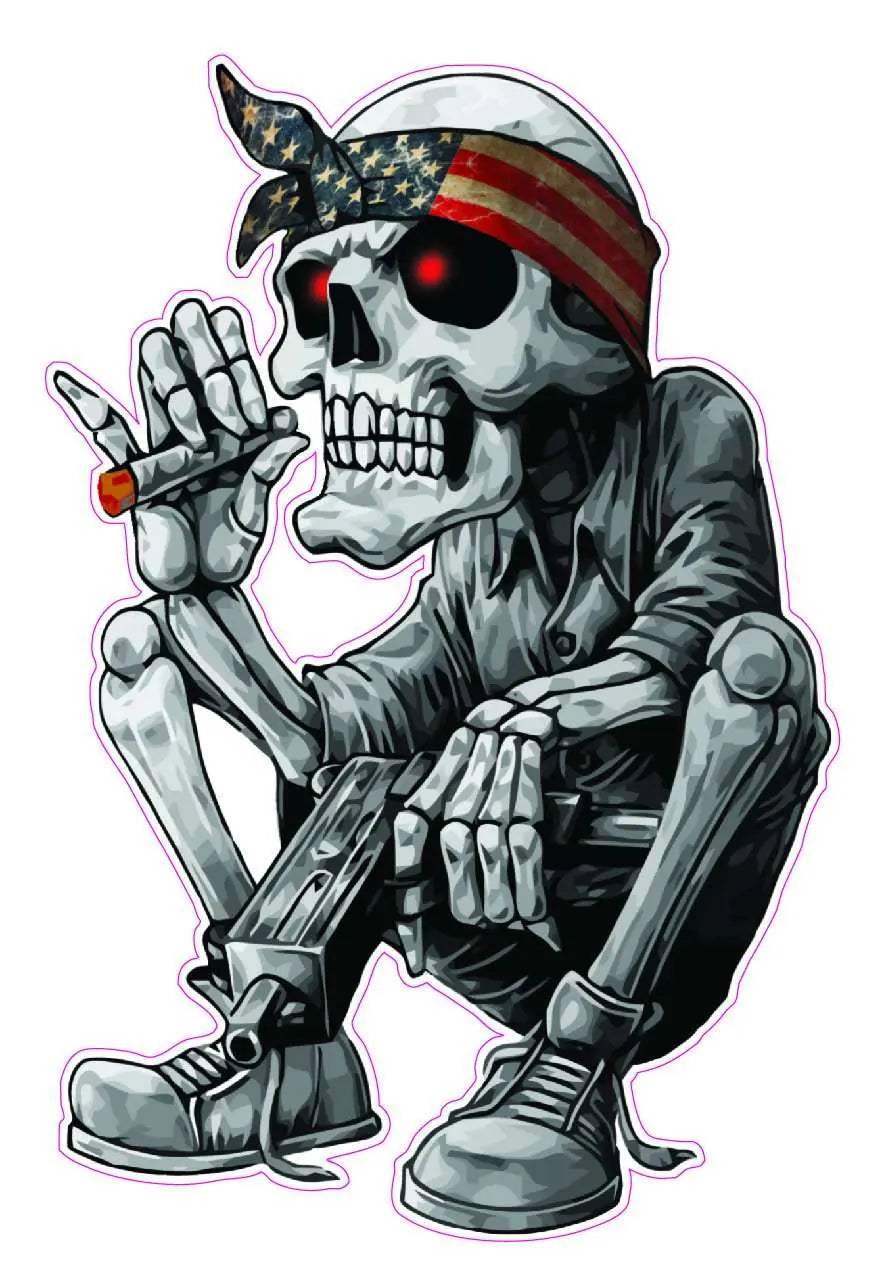 Skeleton wearing American flag bandana decal holding cigarette and gun sitting down with red glowing eyes