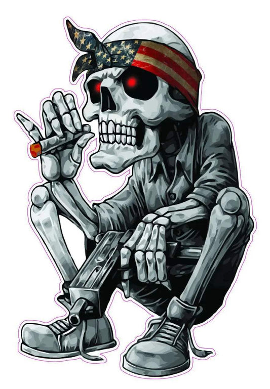 Skeleton wearing American flag bandana decal holding cigarette and gun sitting down with red glowing eyes