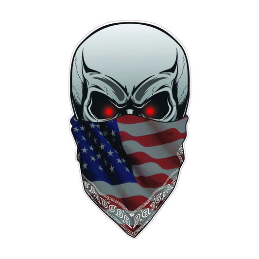 Skull with glowing red eyes wearing an American flag bandanna decal with white outline