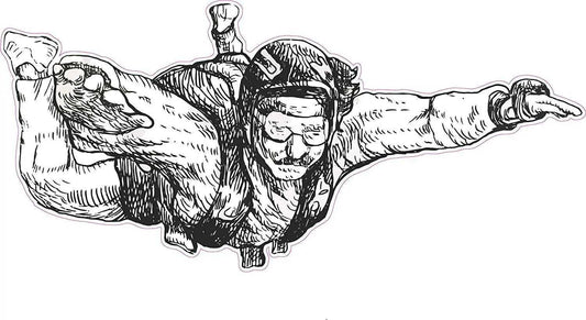 Detailed black and white skydiver decal with white stroke outline, showing a skydiver in freefall pose wearing goggles and helmet