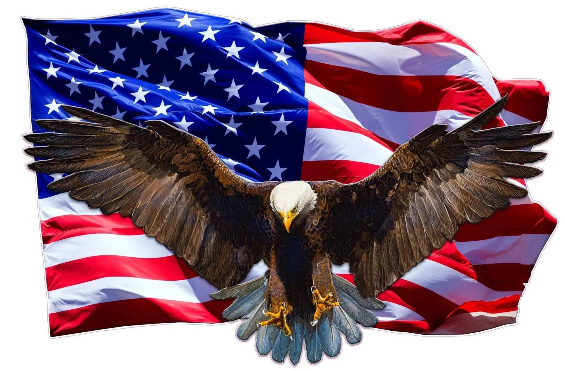 Soaring bald eagle with outstretched wings in front of waving American flag background