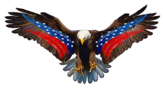 Soaring bald eagle decal with American flag wings in patriotic red, white, and blue colors