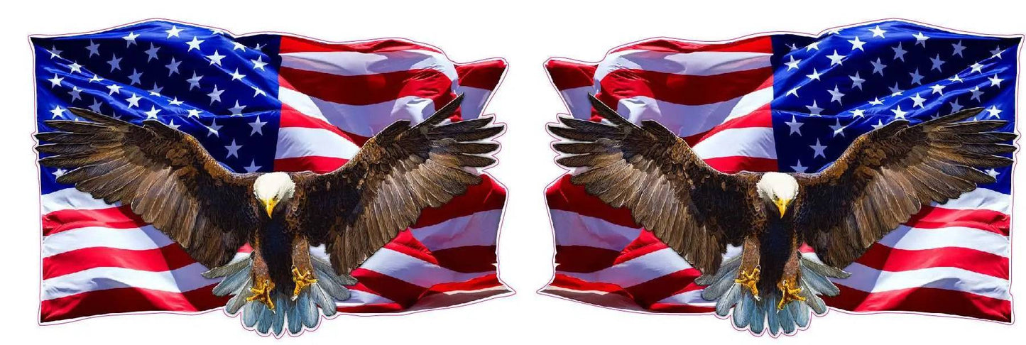 Soaring bald eagle decal with American flag background, patriotic USA symbol design