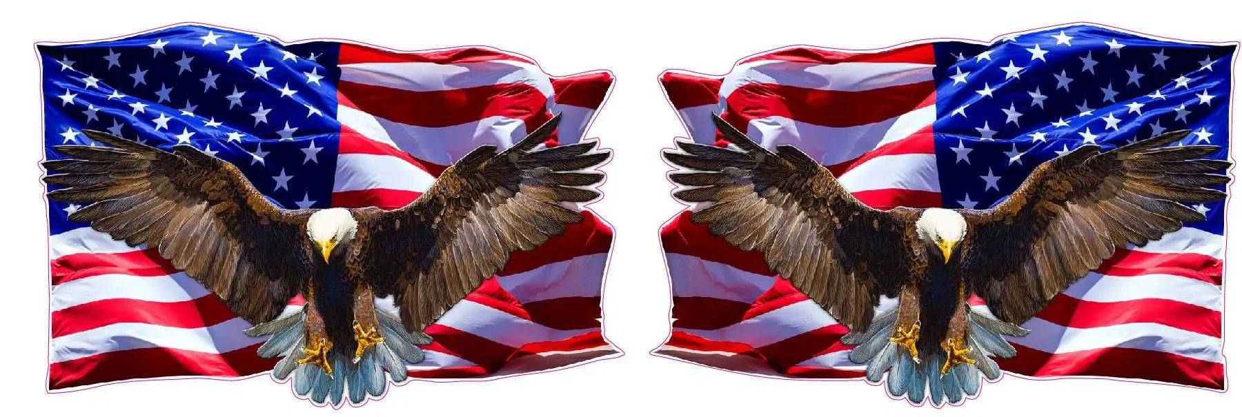 Soaring bald eagle decal with American flag background, patriotic USA symbol design