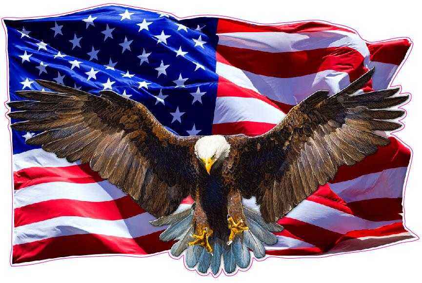 Soaring bald eagle decal over waving American flag wall decor