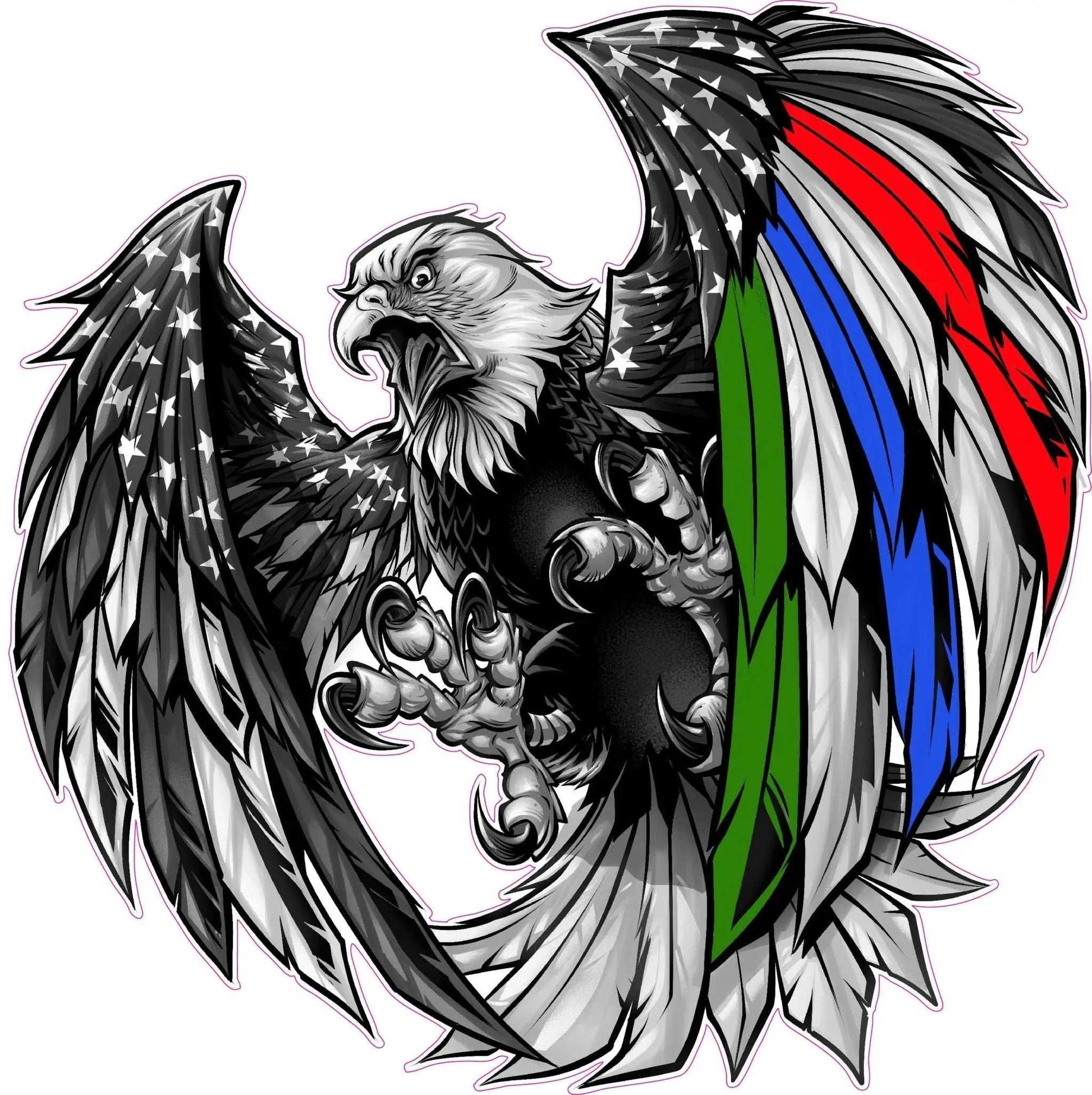 Eagle decal with American flag and thin green blue red line representing military law enforcement first responders