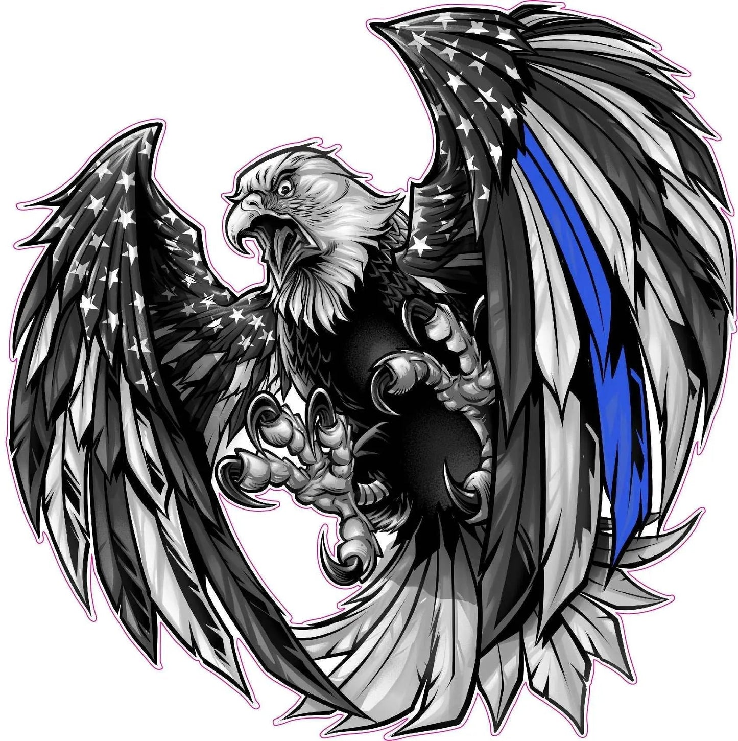 Eagle decal with Thin Blue Line American flag design and black, white, and blue colors