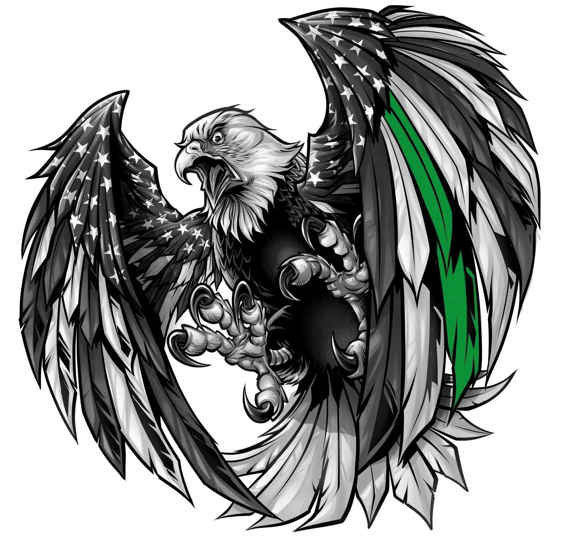 Thin Green Line American flag eagle decal with bold green stripe and black and white design