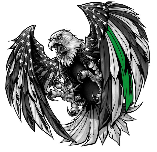 Thin Green Line American flag eagle decal with bold green stripe and black and white design
