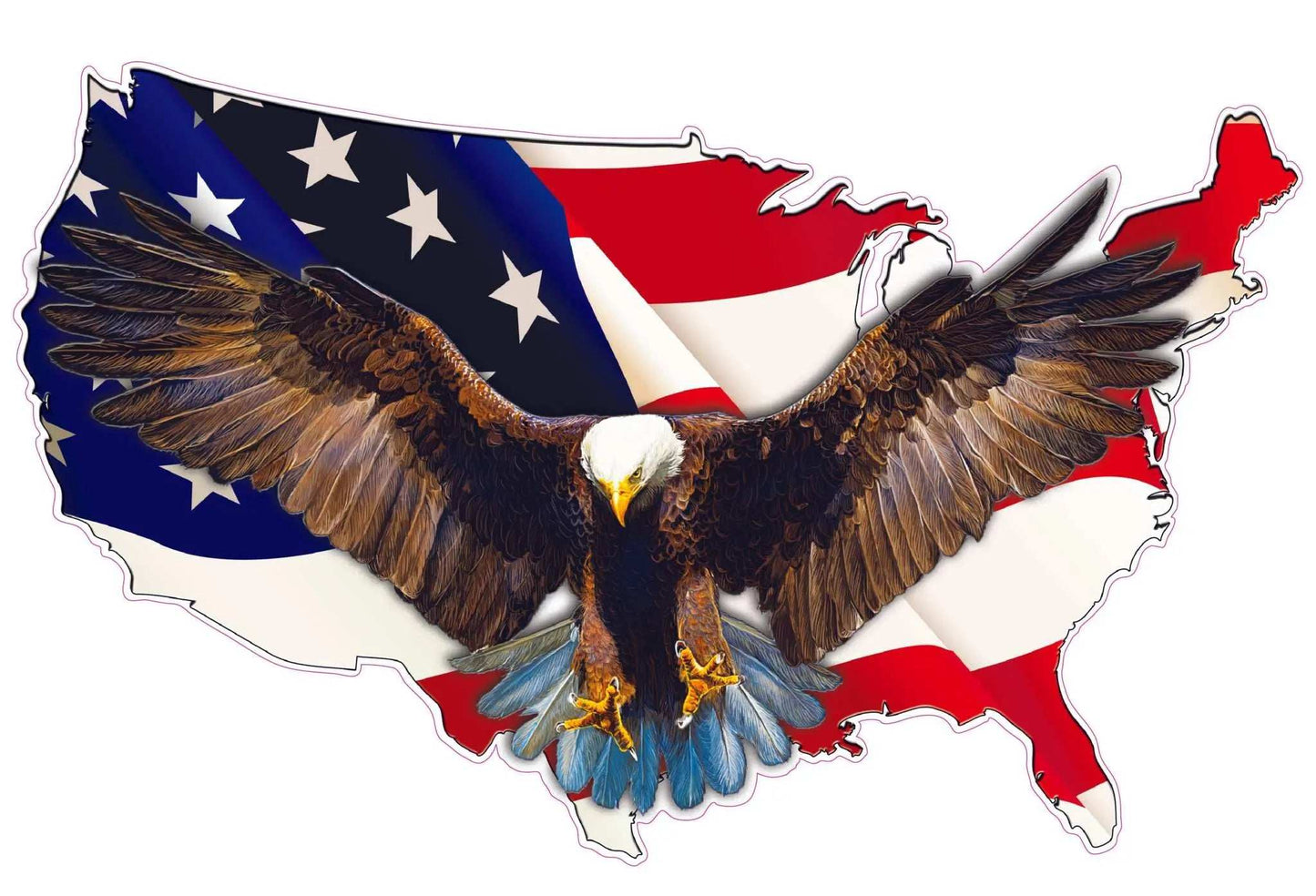 United States map with American Flag background and a flying bald eagle decal.