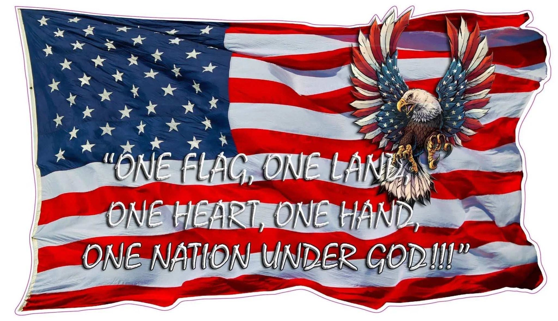 Waving American flag decal with bald eagle and patriotic quote One flag one land one heart one hand one nation under God