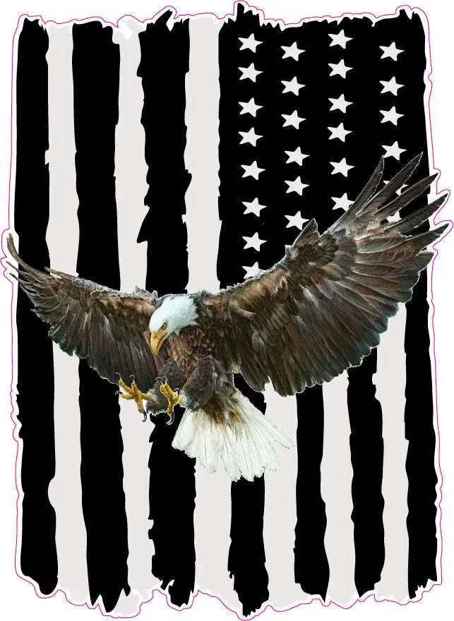 Worn black American flag decal with soaring bald eagle design