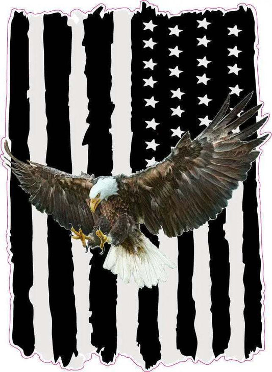 Worn black American flag decal with soaring bald eagle design