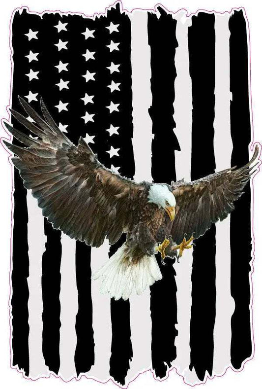 Worn black American flag decal with soaring bald eagle on right side